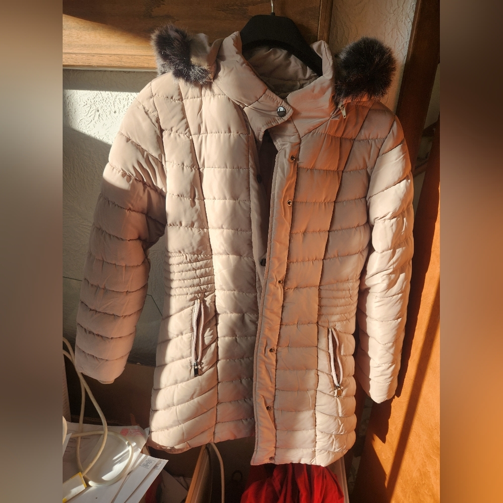 Women's Light Tan Puffer Jacket with Faux Fur Trim NovishCollection XL